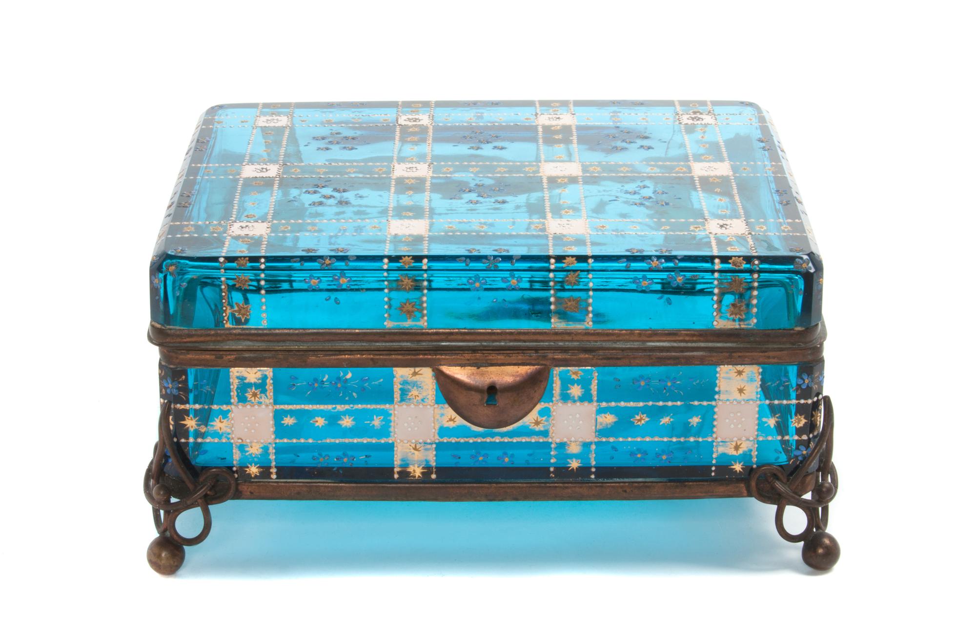 A Moser Enameled Glass and Gilt Metal Mounted Box Height 4 x width 8 x depth 6 1/4 inches.