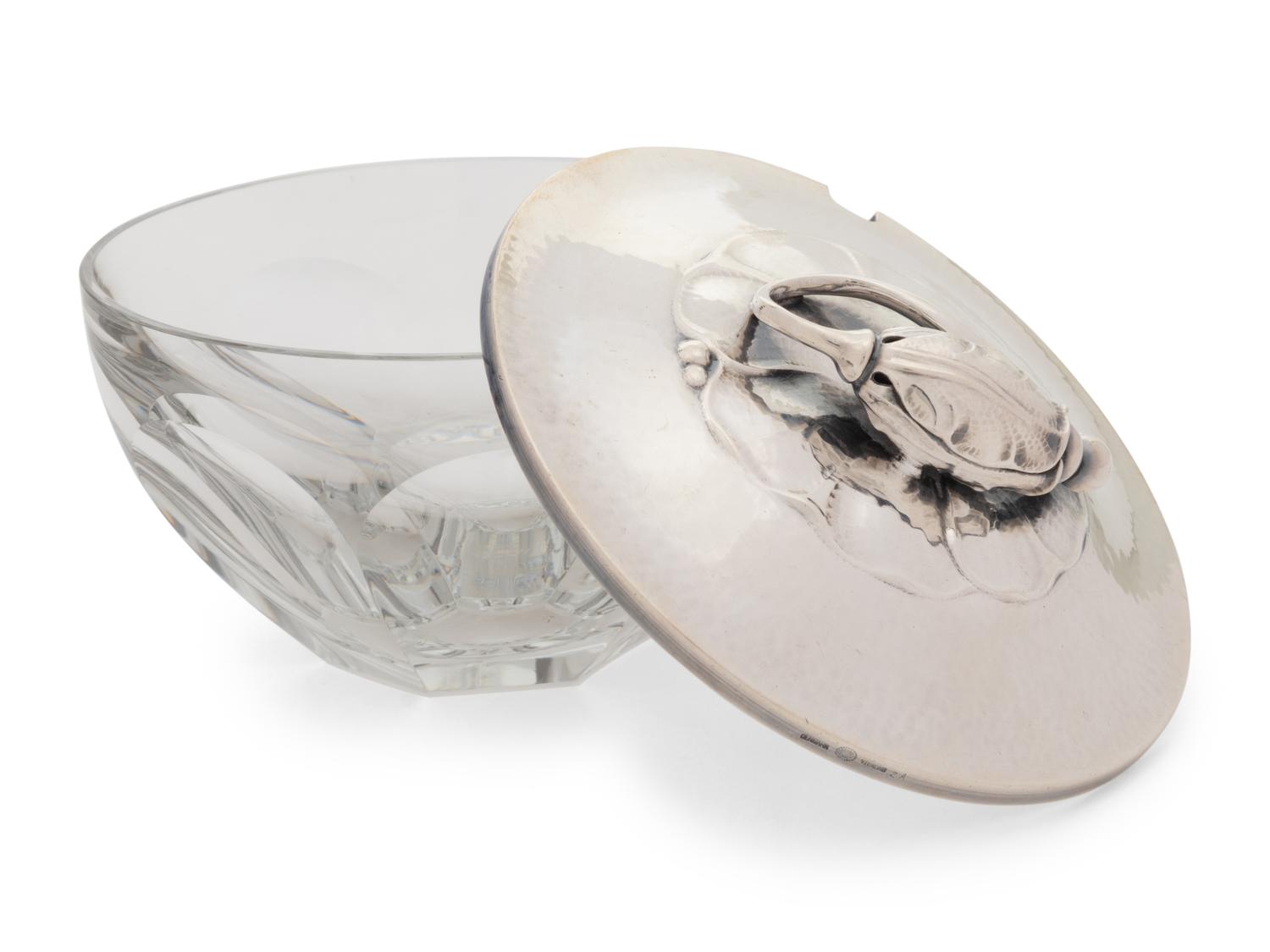A Georg Jensen Silver Mounted Blossom Pattern Glass Jam Jar