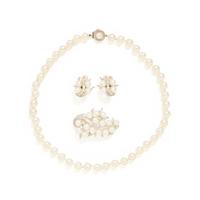 CULTURED PEARL AND DIAMOND JEWELRY SUITE