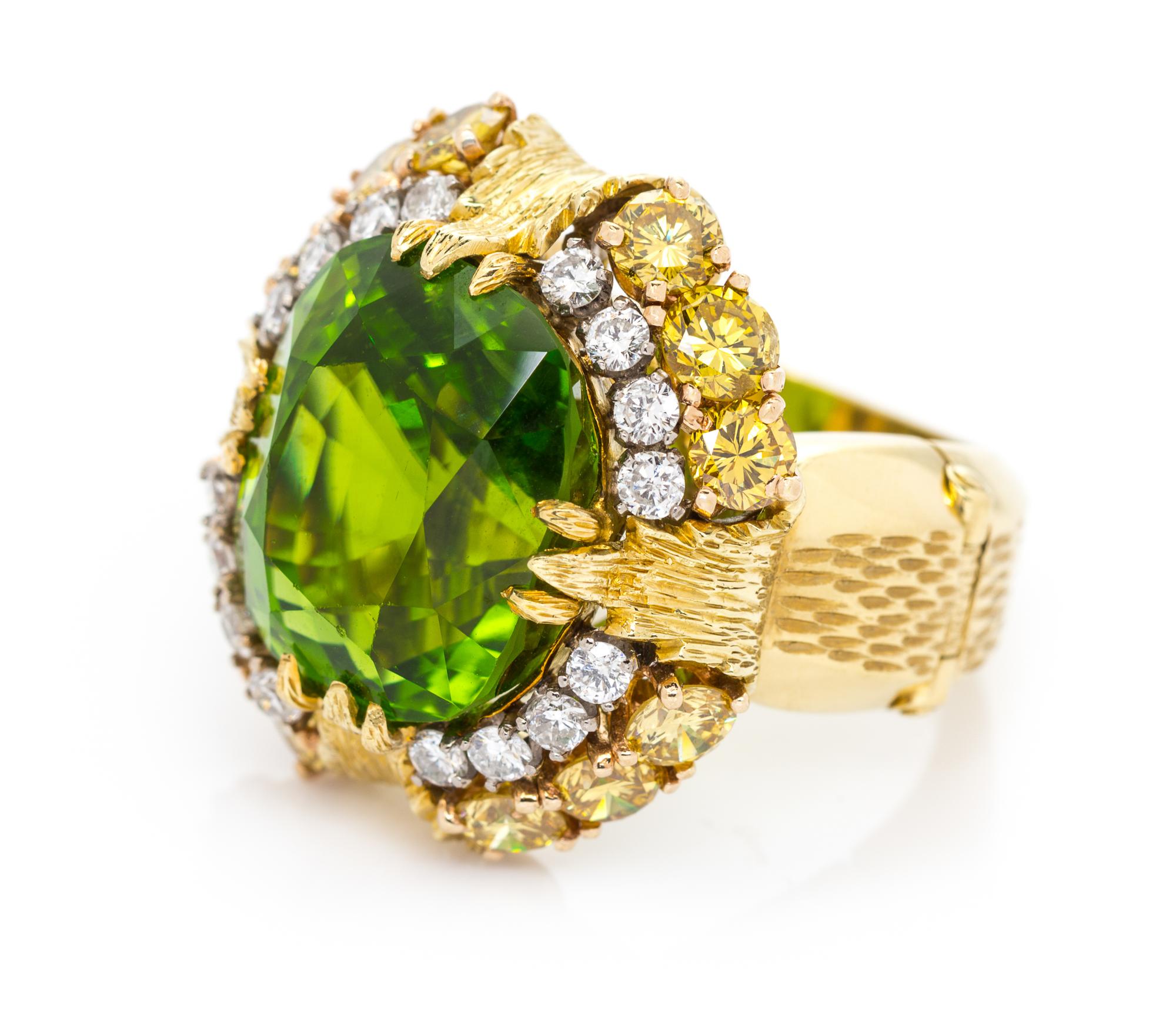 An 18 Karat Yellow Gold, Cushion Cut Peridot, Yellow and White Diamond Ring, 17.40 dwts.