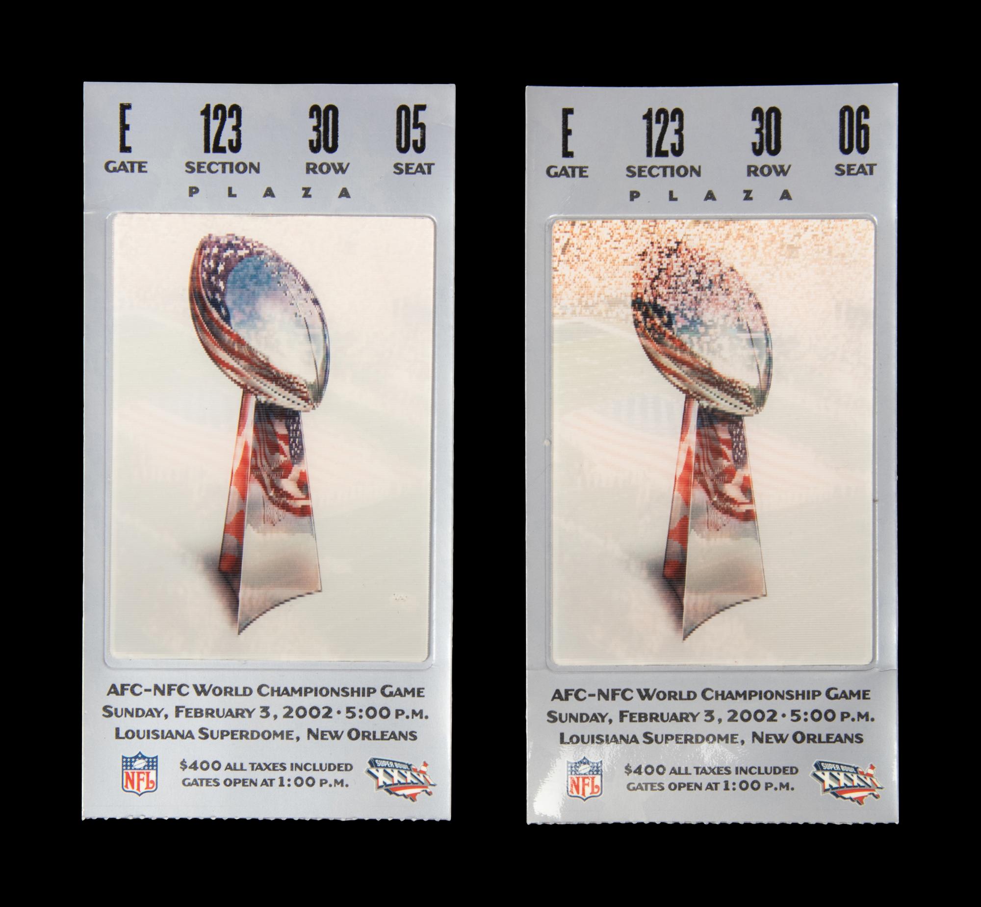A Group of Two 2001 Super Bowl XXXVI On Site Silver Tickets (Tom Brady's First Super Bowl Victory, MVP),