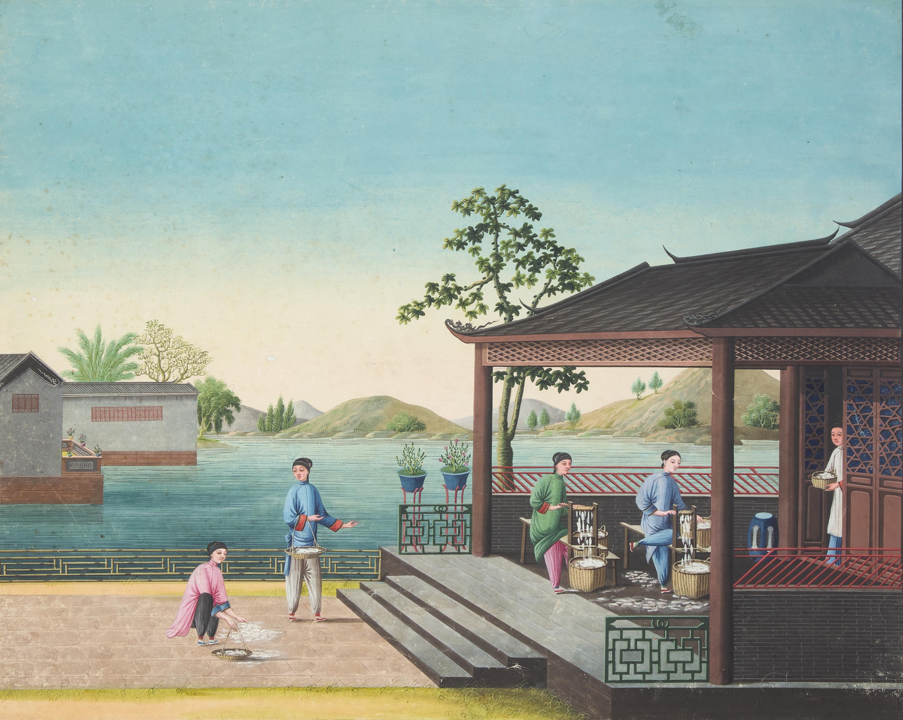 Chinese Export School 19th Century, A Set of Four Paintings Depicting Various Stages of Silk Production