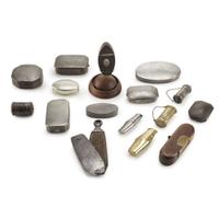 Collection of sixteen pewter, steel, brass, and iron tobacco and snuff boxes and other various scent-related articles Most English, 18th/19th century