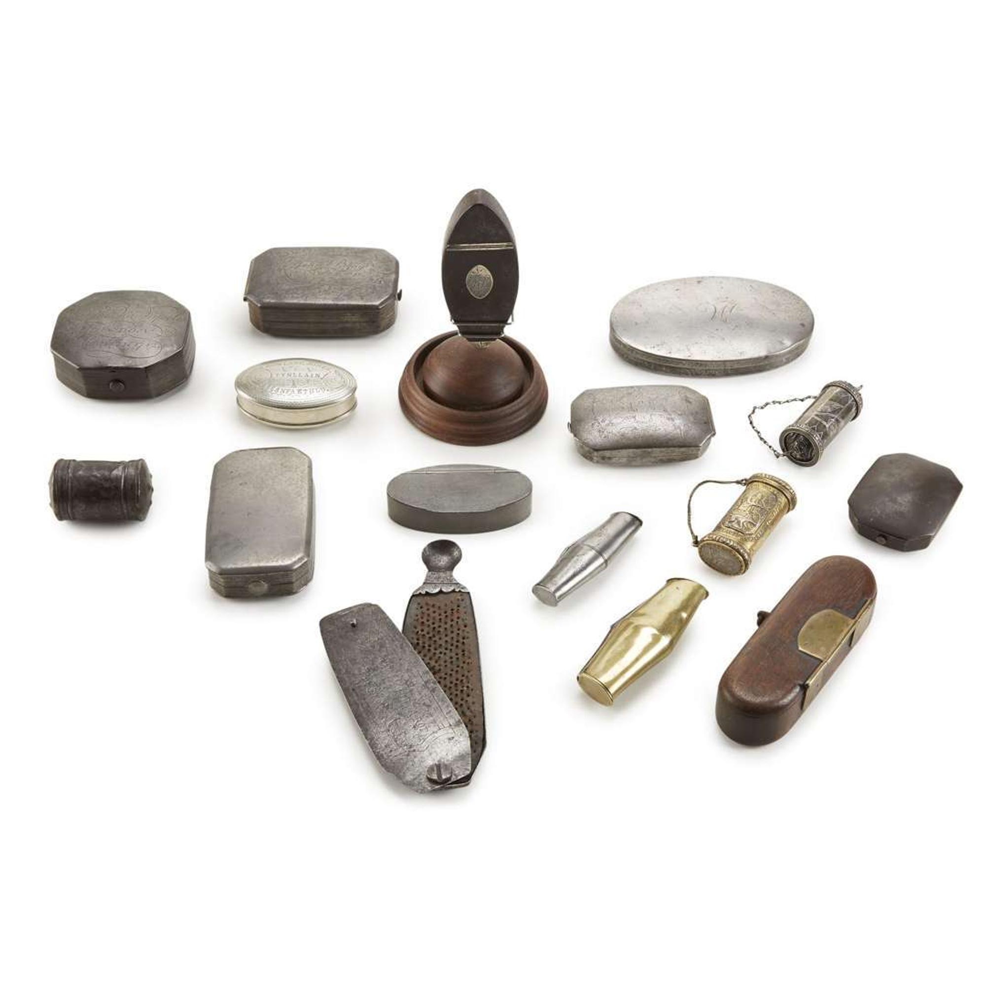 Collection of sixteen pewter, steel, brass, and iron tobacco and snuff boxes and other various scent-related articles Most English, 18th/19th century