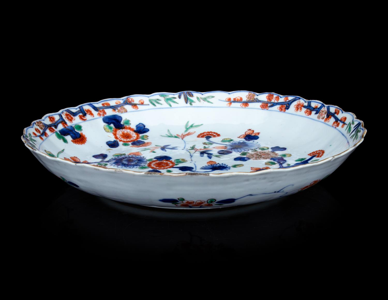 A Pair of Chinese Export Imari and Famille Rose Porcelain Covered Jars and a Flori-Form Plate