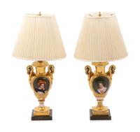 A Pair of Paris Porcelain Gold Ground Vases Mounted as Lamps with Faux Marble Bases and Silk Shades