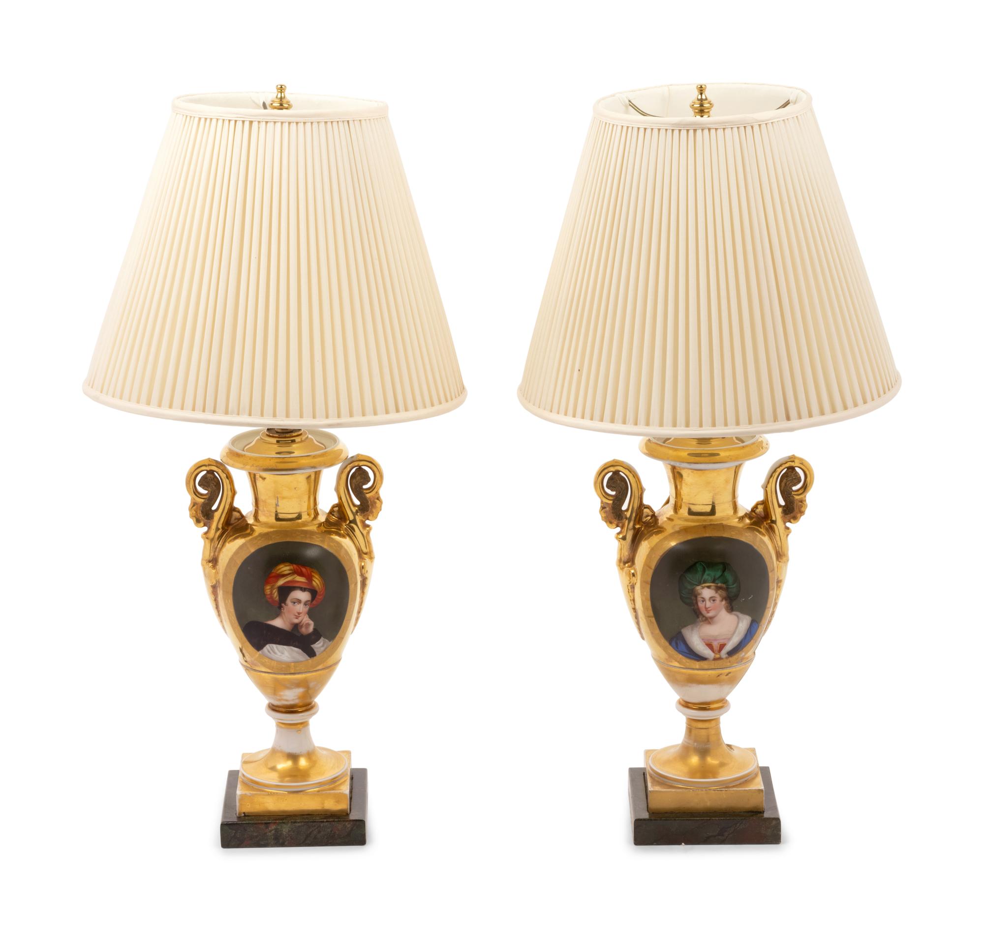 A Pair of Paris Porcelain Gold Ground Vases Mounted as Lamps with Faux Marble Bases and Silk Shades