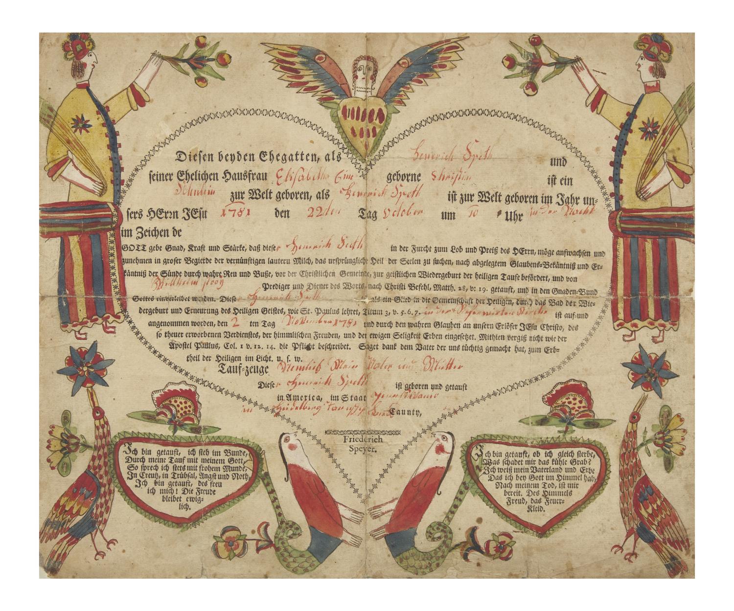 A Printed and Hand-Colored Fraktur Birth and Baptism Record, Georg Friedrick Speyer (active 1774-1801)