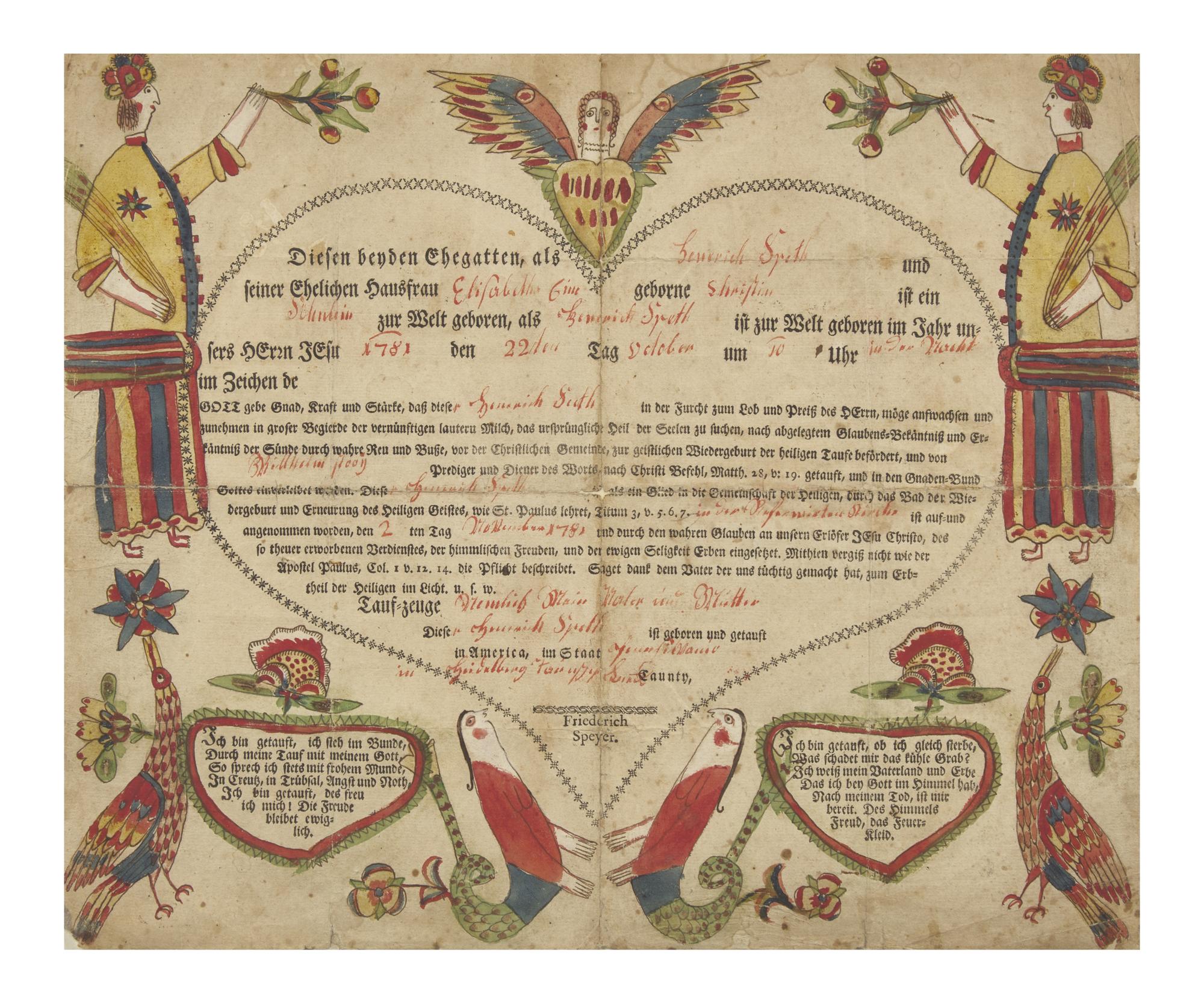 A Printed and Hand-Colored Fraktur Birth and Baptism Record, Georg Friedrick Speyer (active 1774-1801)