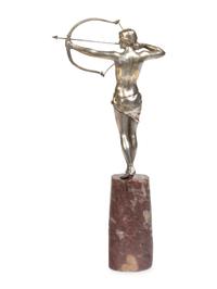 A Continental Silvered Metal Figure of a Huntress