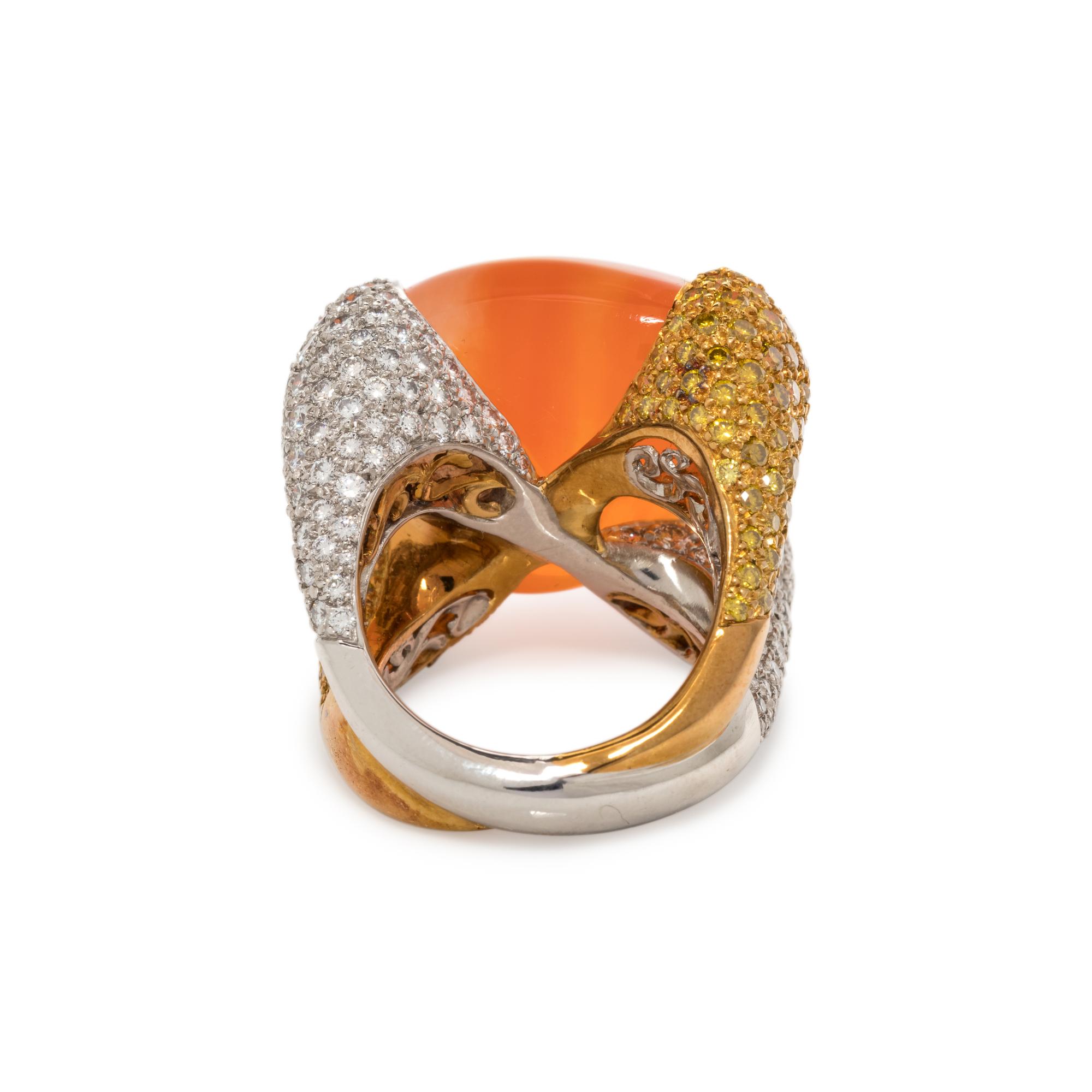 FIRE OPAL, COLORED DIAMOND AND DIAMOND RING