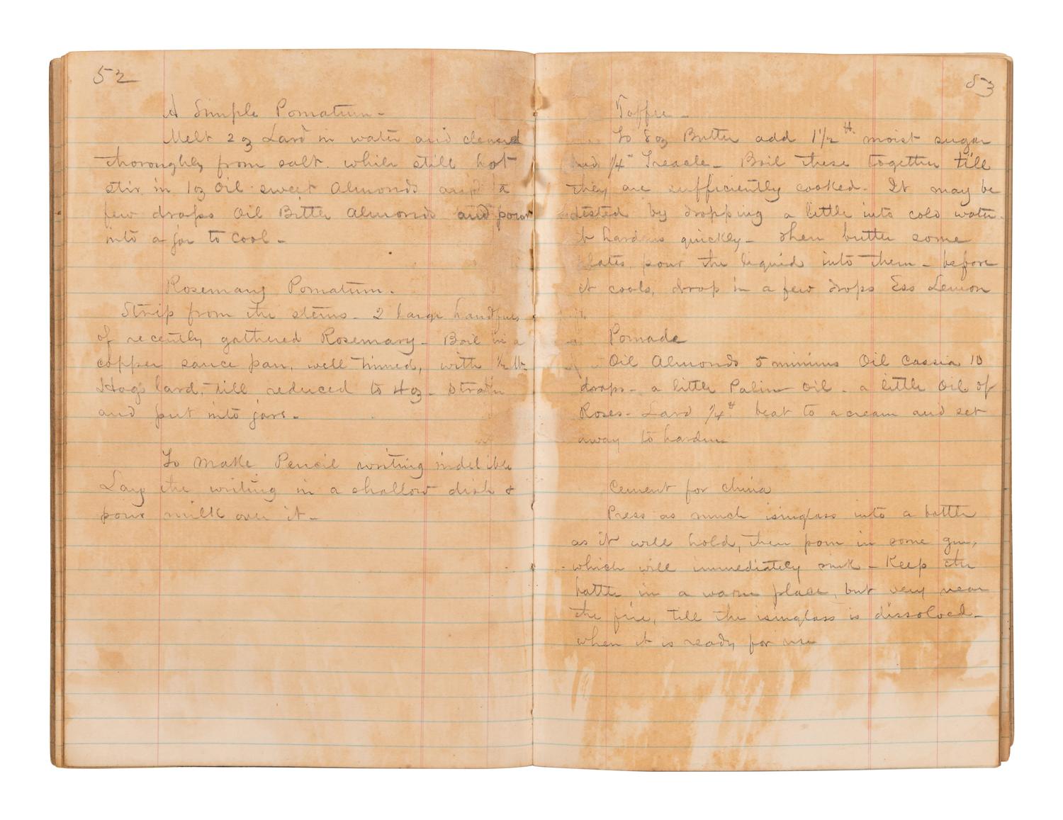 [MANUSCRIPT - REMEDIES]. Manuscript home maintenance and home remedy guide. Chesapeake City and Elizabeth City VA, and later Little Rock AR, 19th-century.