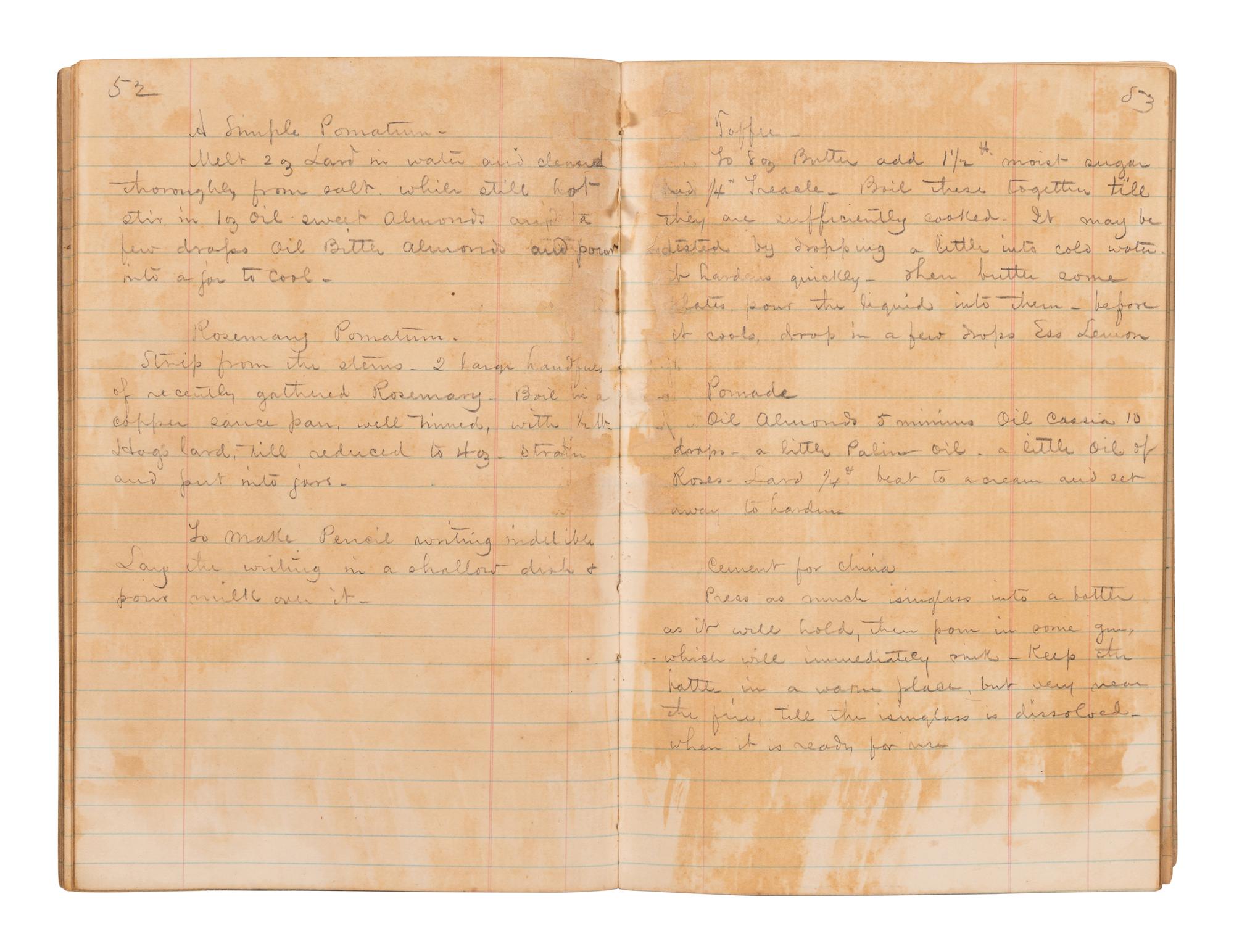 [MANUSCRIPT - REMEDIES]. Manuscript home maintenance and home remedy guide. Chesapeake City and Elizabeth City VA, and later Little Rock AR, 19th-century.