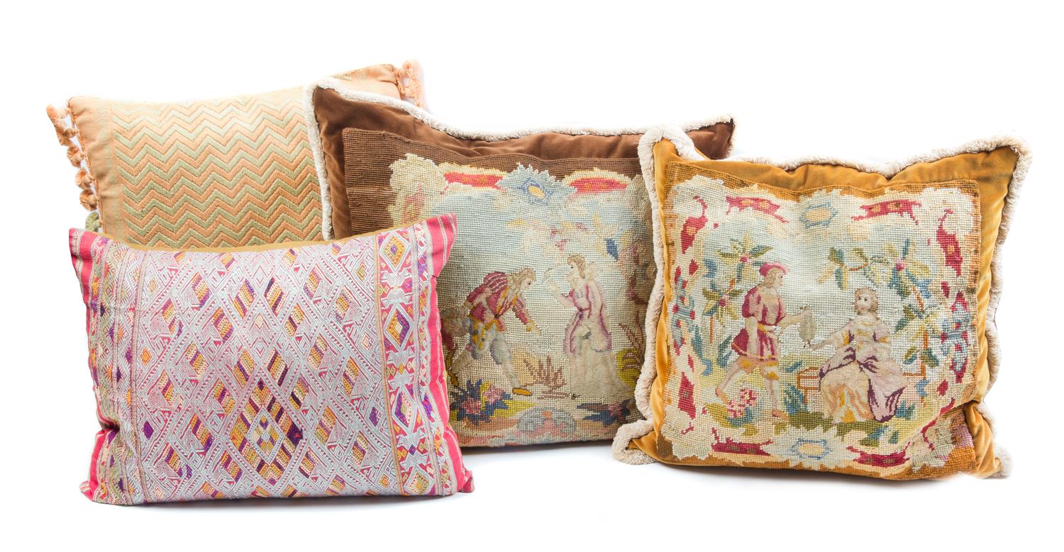 A Group of Four Decorative Pillows First: 20 x 20 inches.