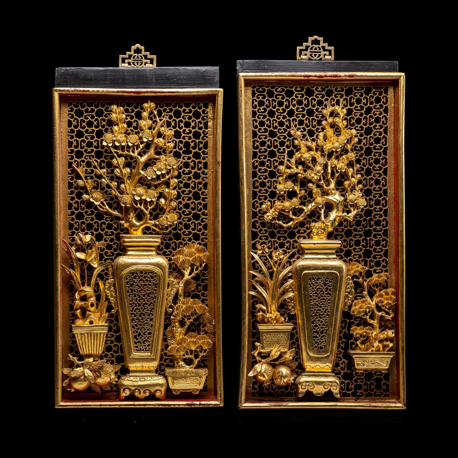 A Matched Pair of Chinese Gilt and Red Lacquered Wood Panels