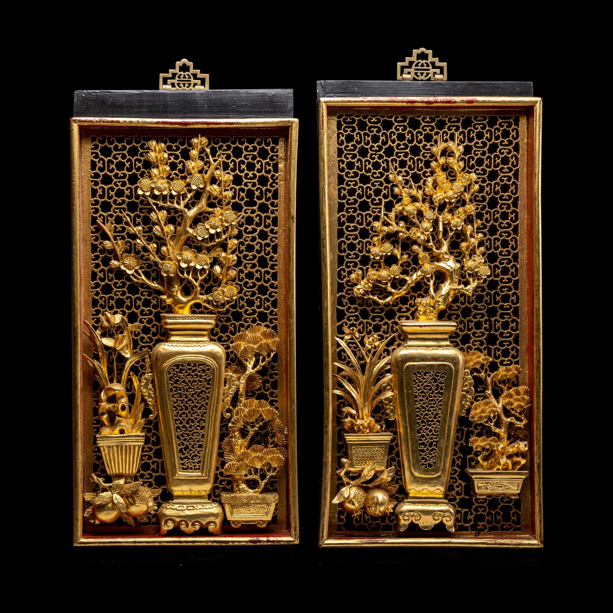 A Matched Pair of Chinese Gilt and Red Lacquered Wood Panels
