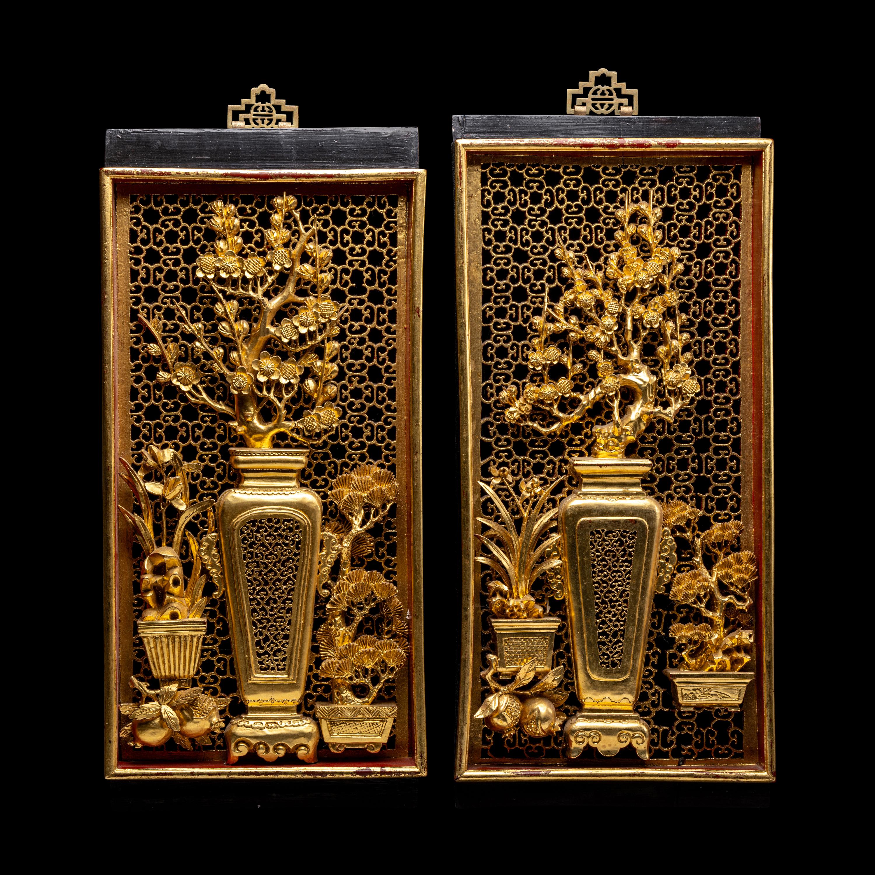 A Matched Pair of Chinese Gilt and Red Lacquered Wood Panels