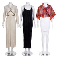 Three Pleated Items: One Zandra Rhodes Bolero and Dress, and One Mary McFadden Dress with Belt, 1980s