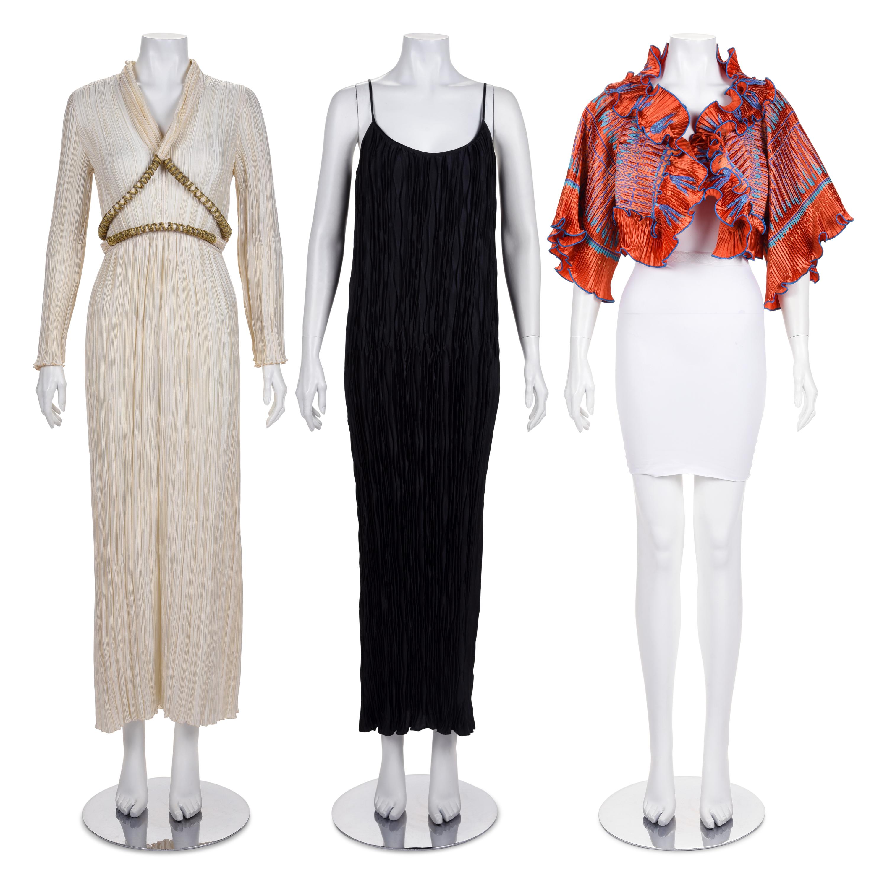 Three Pleated Items: One Zandra Rhodes Bolero and Dress, and One Mary McFadden Dress with Belt, 1980s