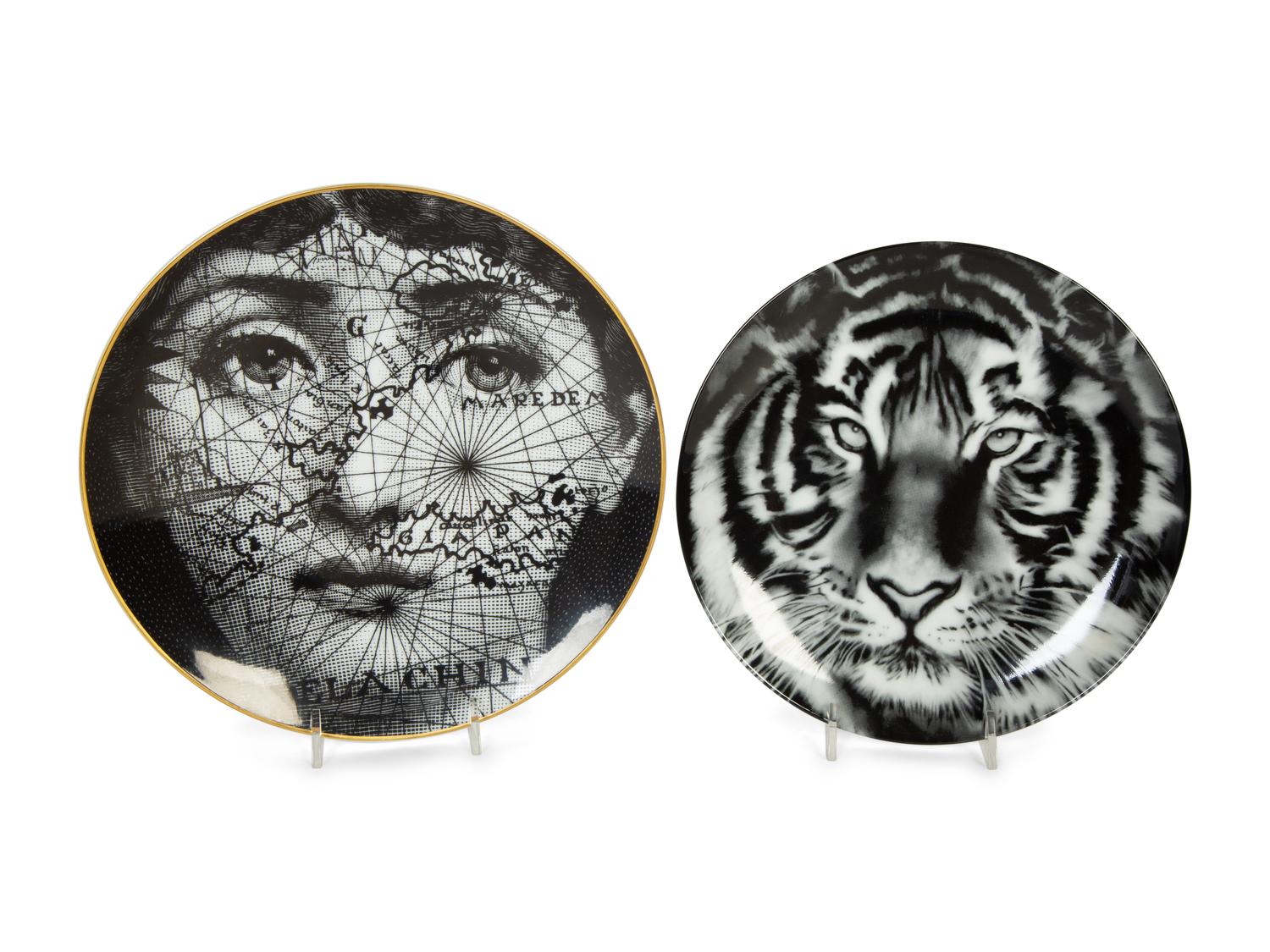 Two Porcelain Art Plates - Robert Longo Tiger Head 2 and Fornasetti Tema e Variazioni Motiv31 — 20th Century