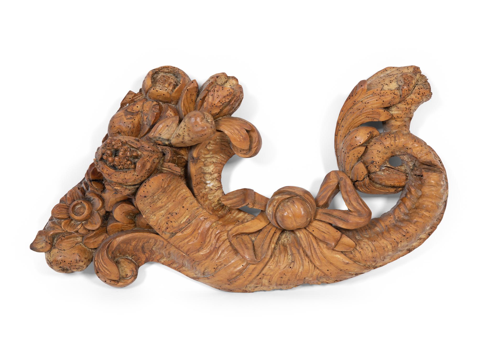 A Pair of Continental Carved Fruitwood Cornucopia Wall Appliques
