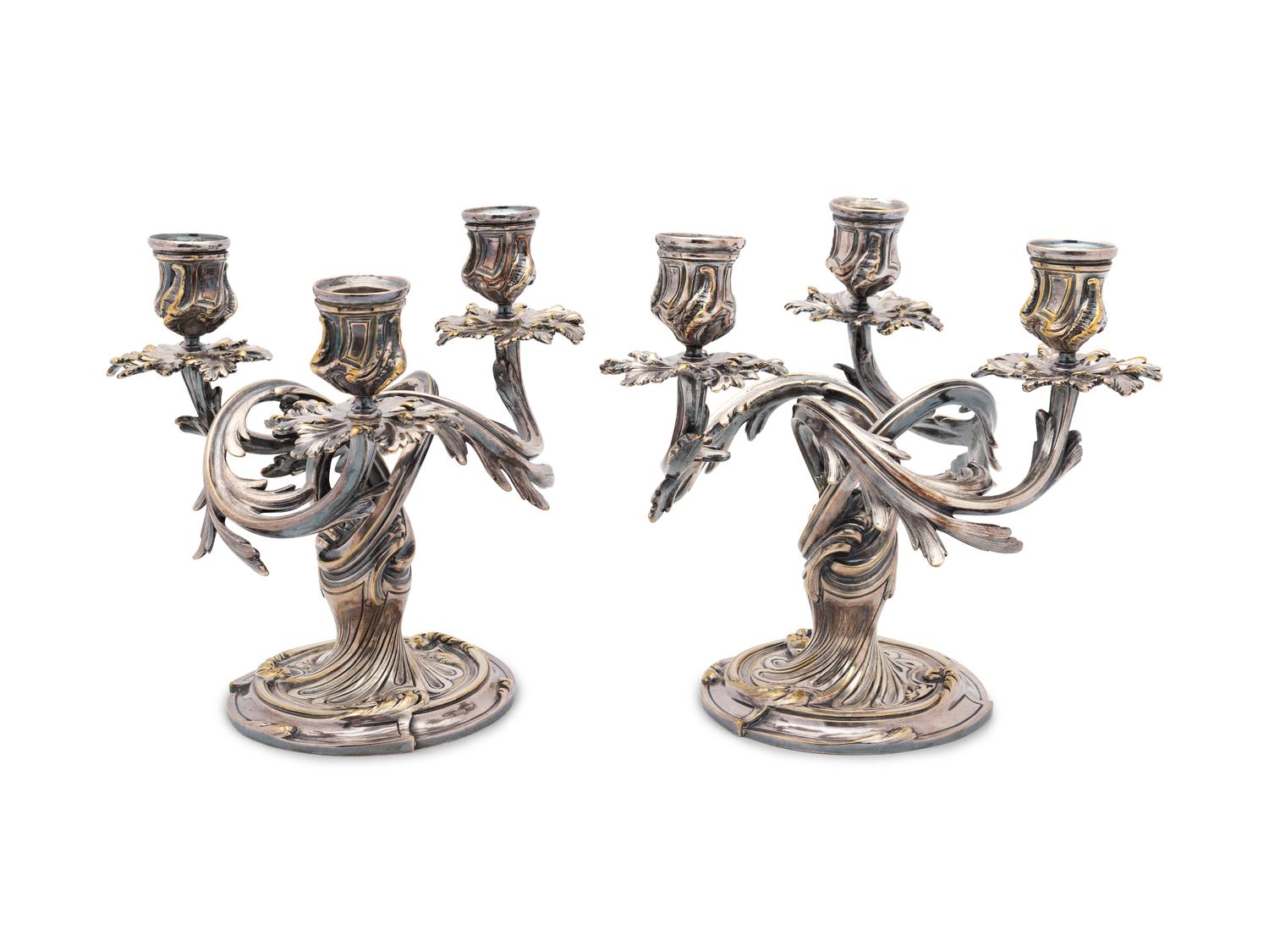 A Pair of Christofle Trianon Silver Plate Three-Light Candelabra — EARLY 20TH CENTURY