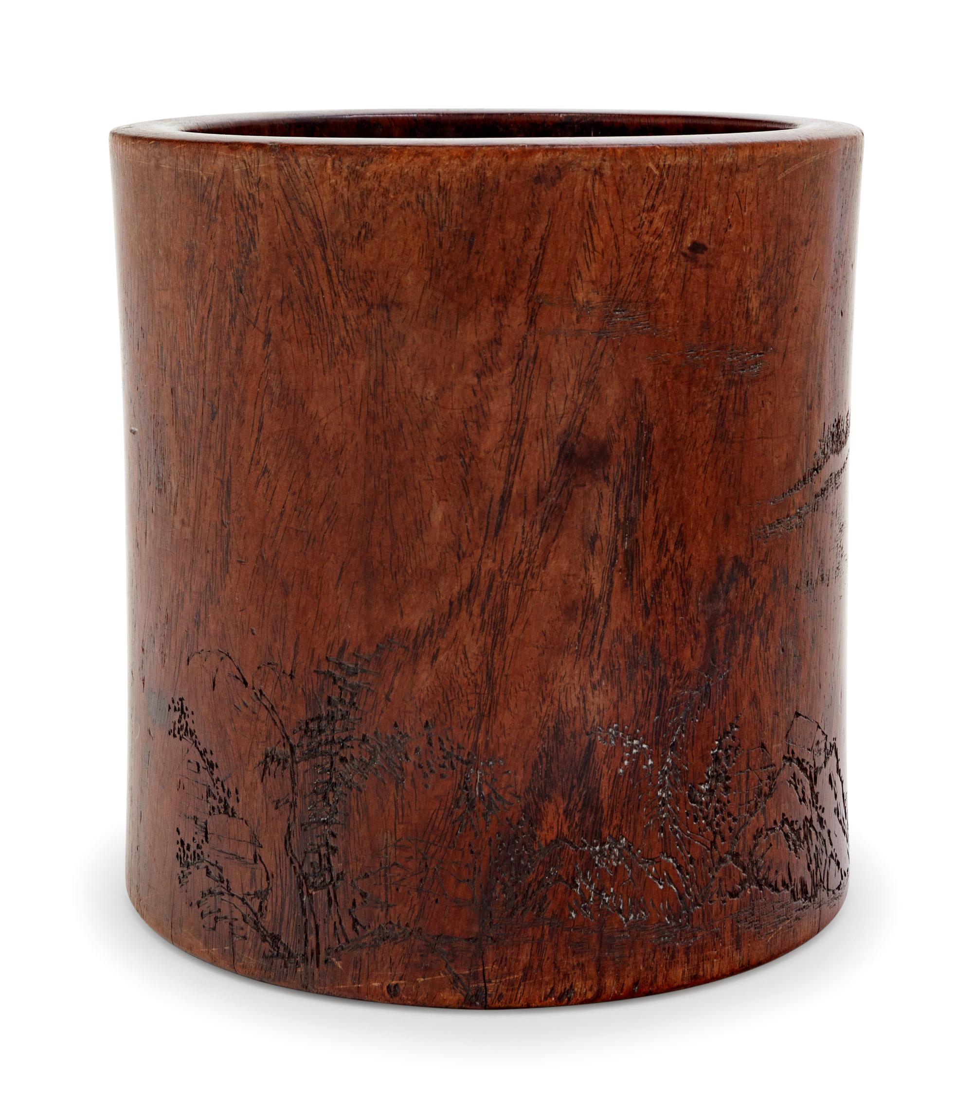 A Chinese Carved Hardwood Brush Pot, Bitong