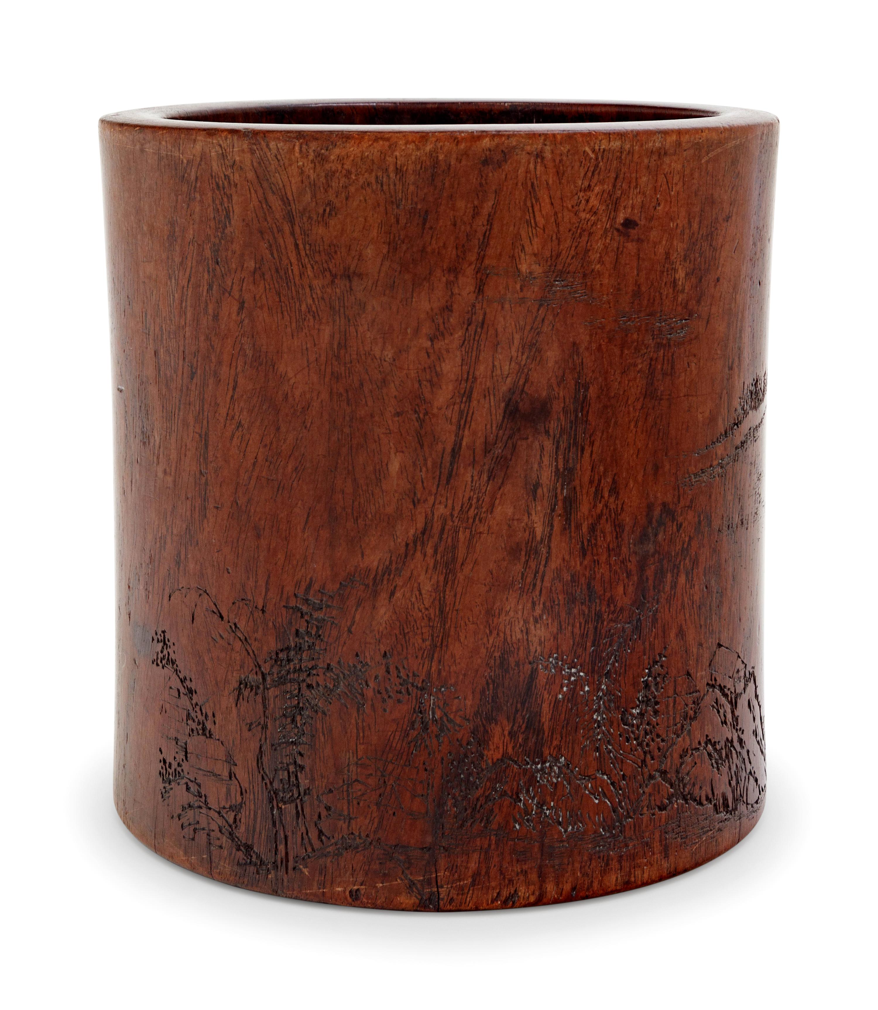 A Chinese Carved Hardwood Brush Pot, Bitong