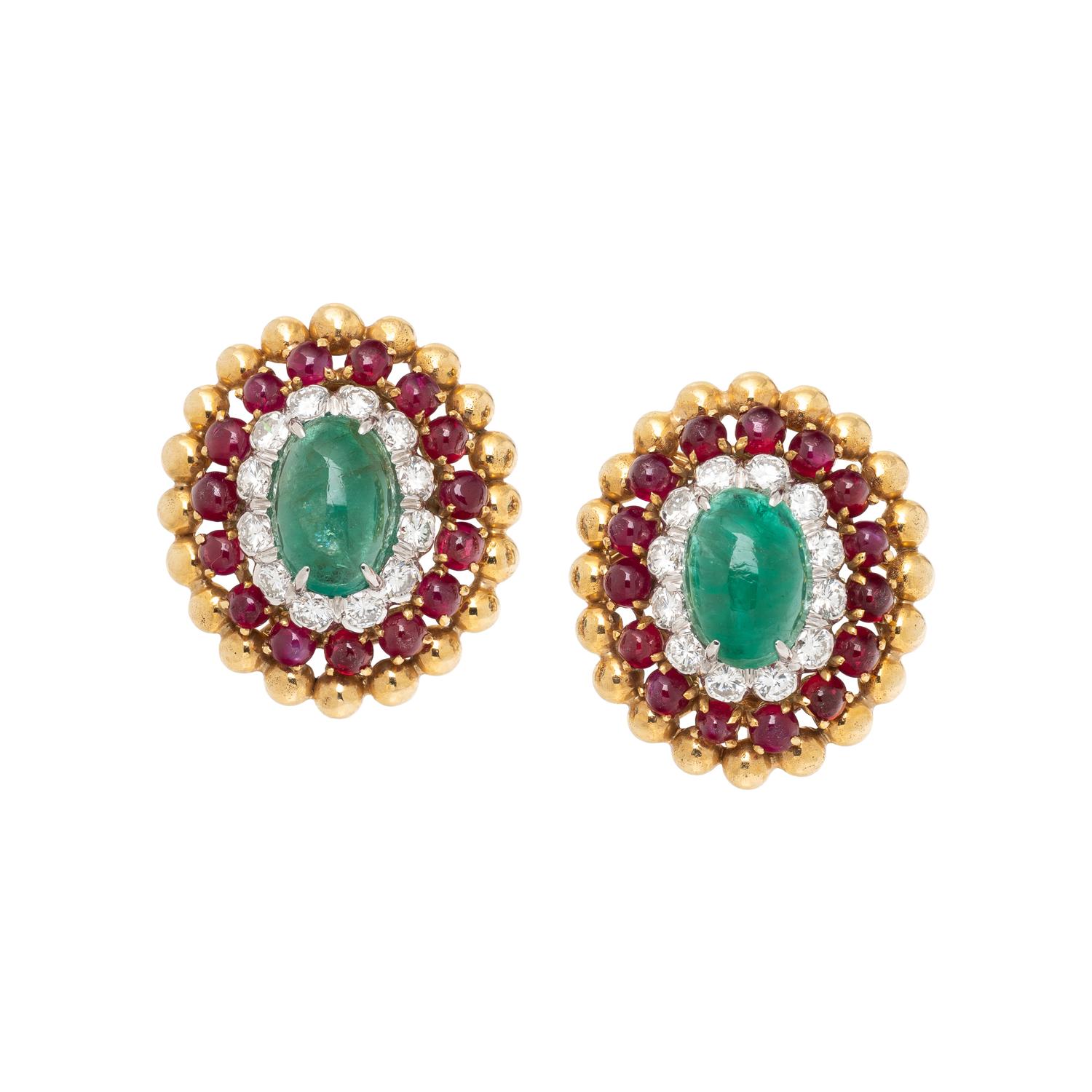 DAVID WEBB, YELLOW GOLD, EMERALD, RUBY, AND DIAMOND EARRINGS