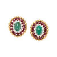 DAVID WEBB, YELLOW GOLD, EMERALD, RUBY, AND DIAMOND EARRINGS