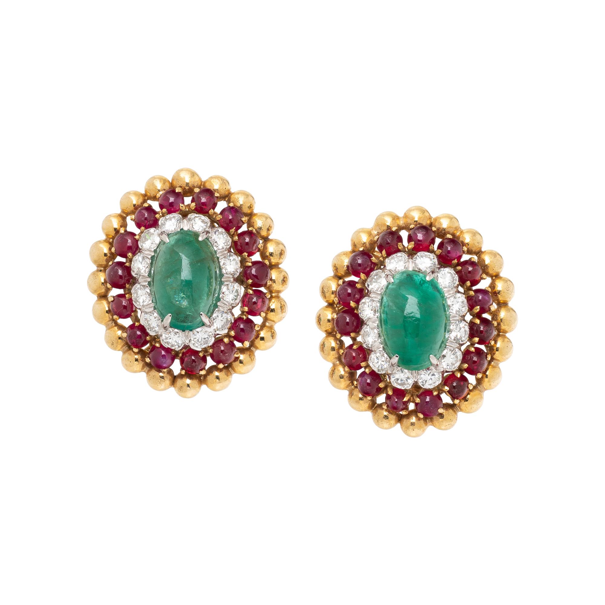DAVID WEBB, YELLOW GOLD, EMERALD, RUBY, AND DIAMOND EARRINGS