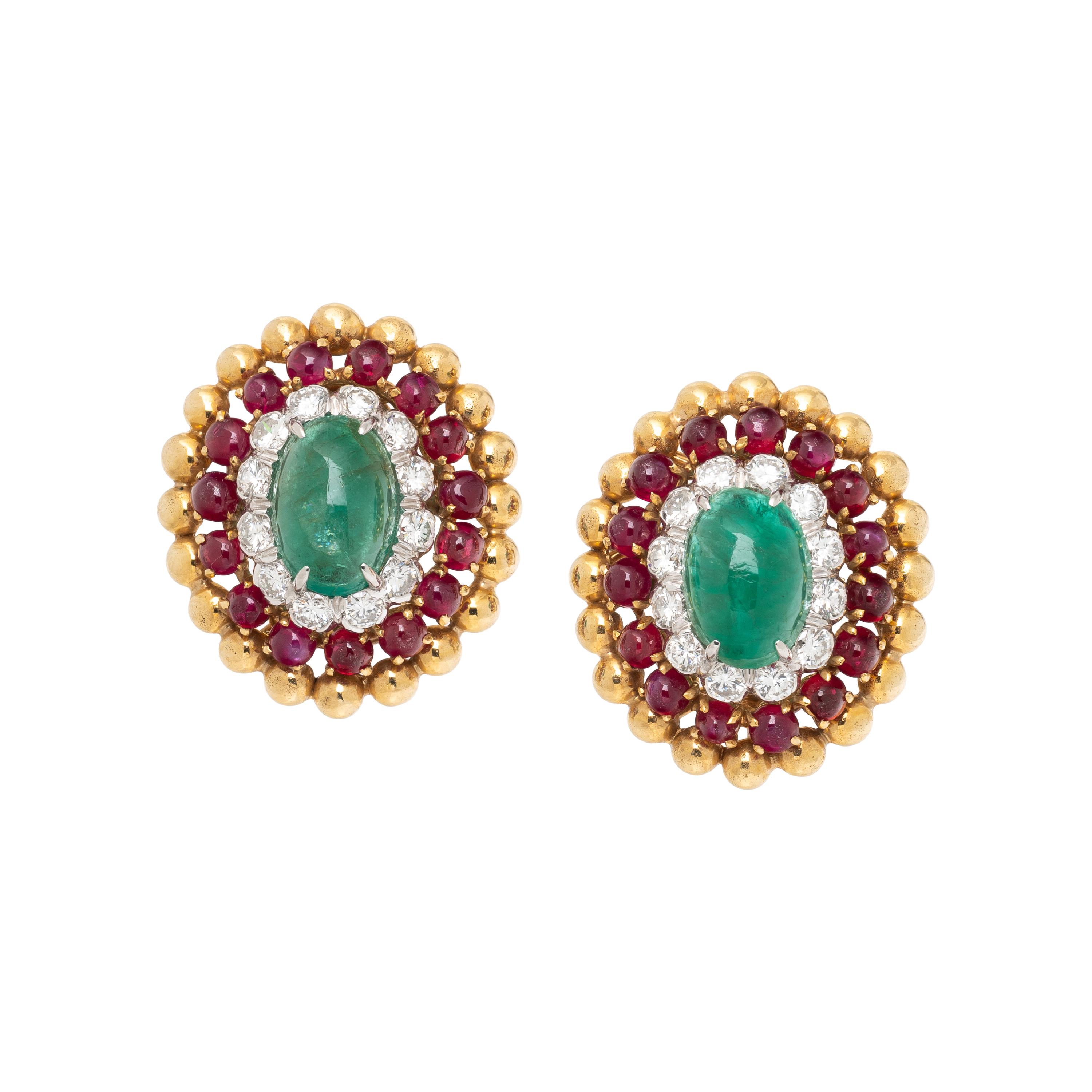DAVID WEBB, YELLOW GOLD, EMERALD, RUBY, AND DIAMOND EARRINGS