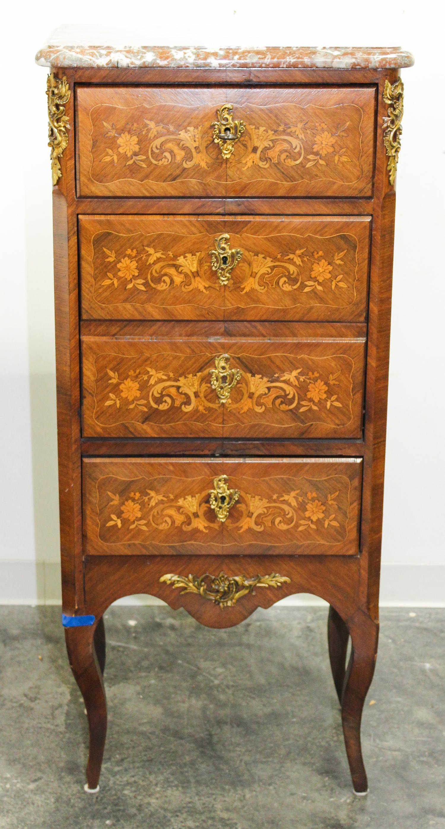 A Louis XV/XVI Transitional Style Gilt Bronze Mounted Marquetry Chiffonier Height 51 x width 22 x depth 14 inches. — 19TH CENTURY