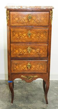 A Louis XV/XVI Transitional Style Gilt Bronze Mounted Marquetry Chiffonier Height 51 x width 22 x depth 14 inches. — 19TH CENTURY