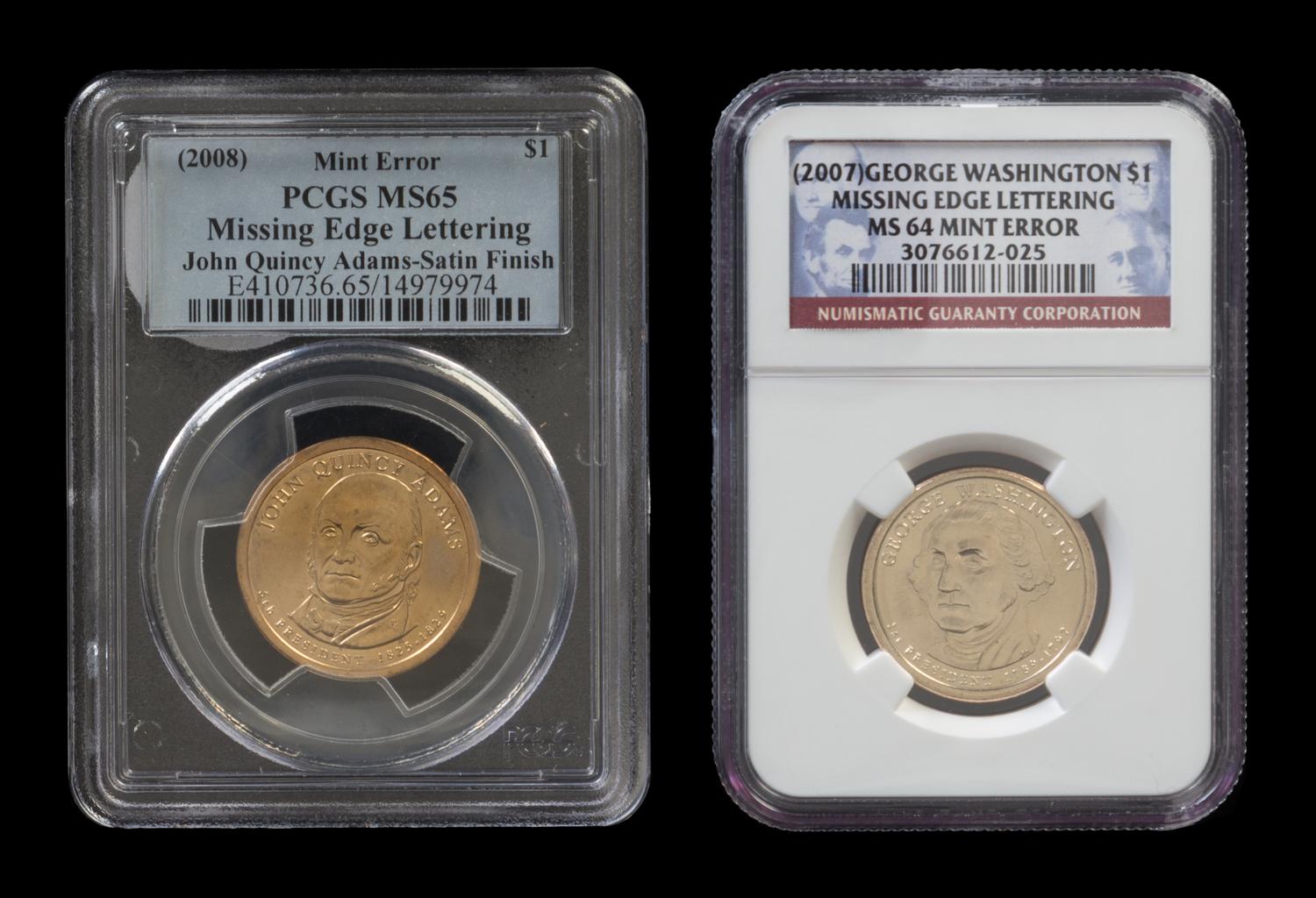 A Group of Two United States Presidential Dollar: Edge Motto Omission Error Coins