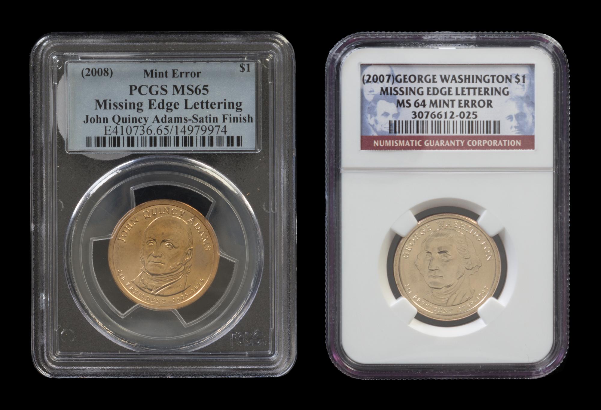 A Group of Two United States Presidential Dollar: Edge Motto Omission Error Coins