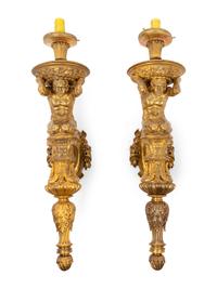 A Pair of Continental Gilt Bronze Figural Single-Light Figural Sconces