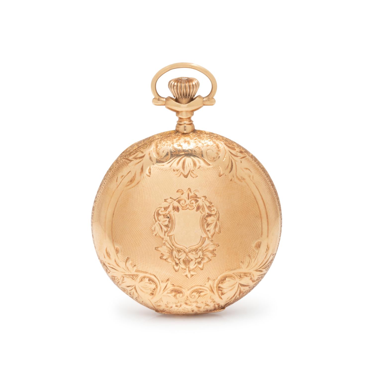 WALTHAM, 14K YELLOW GOLD HUNTER CASE POCKET WATCH AND FOB CHAIN
