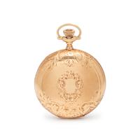 WALTHAM, 14K YELLOW GOLD HUNTER CASE POCKET WATCH AND FOB CHAIN