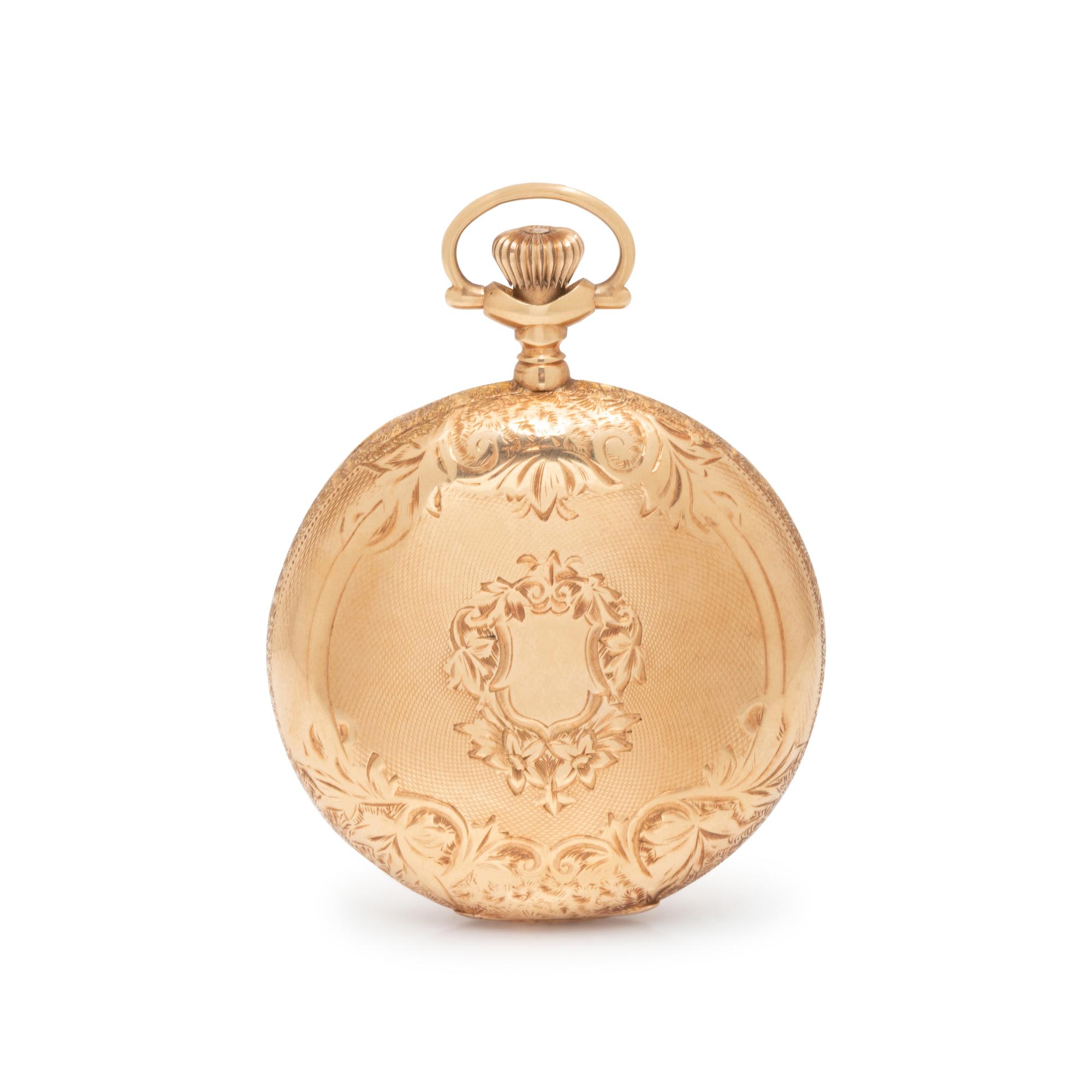 WALTHAM, 14K YELLOW GOLD HUNTER CASE POCKET WATCH AND FOB CHAIN