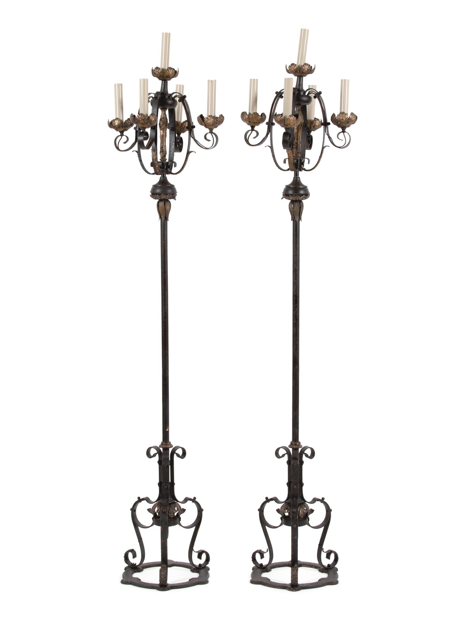 A Pair of Mizner Style Five-Light Wrought Iron Torcheres — FIRST QUARTER 20TH CENTURY