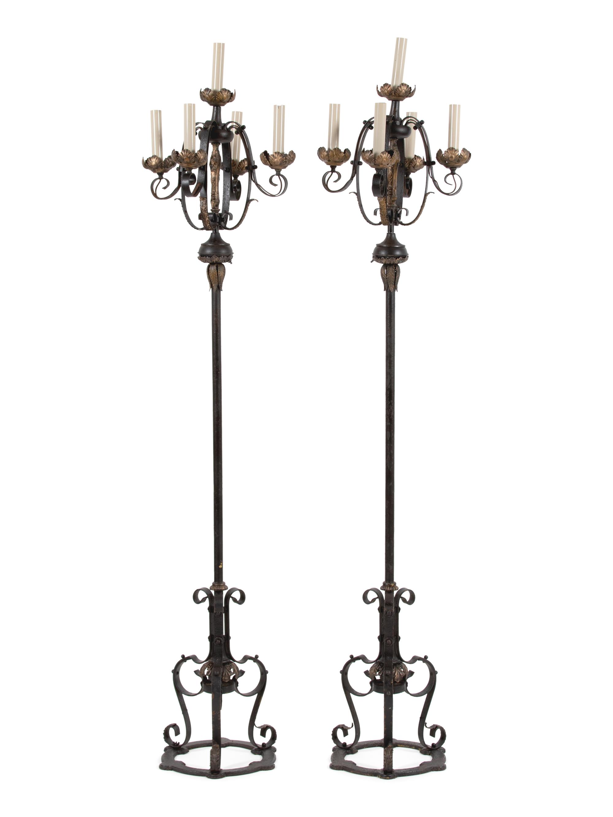 A Pair of Mizner Style Five-Light Wrought Iron Torcheres — FIRST QUARTER 20TH CENTURY