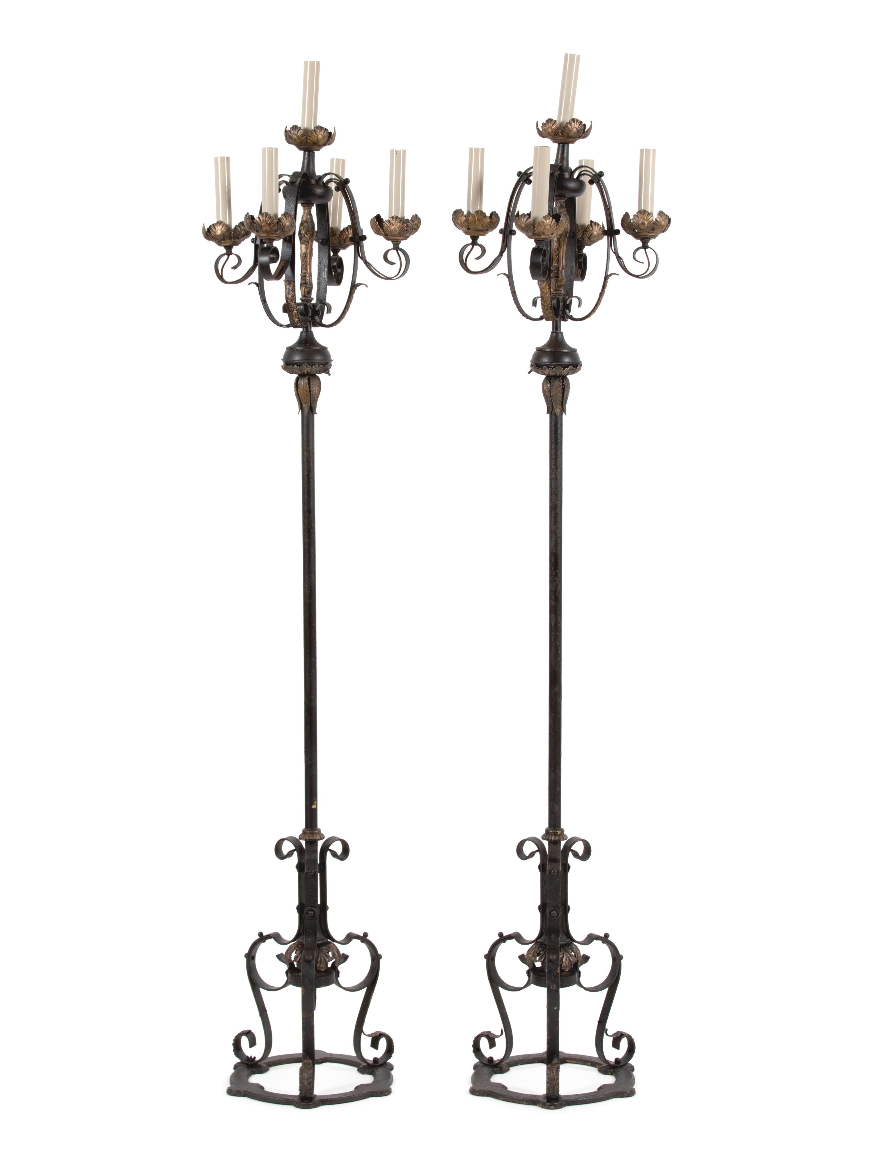 A Pair of Mizner Style Five-Light Wrought Iron Torcheres — FIRST QUARTER 20TH CENTURY