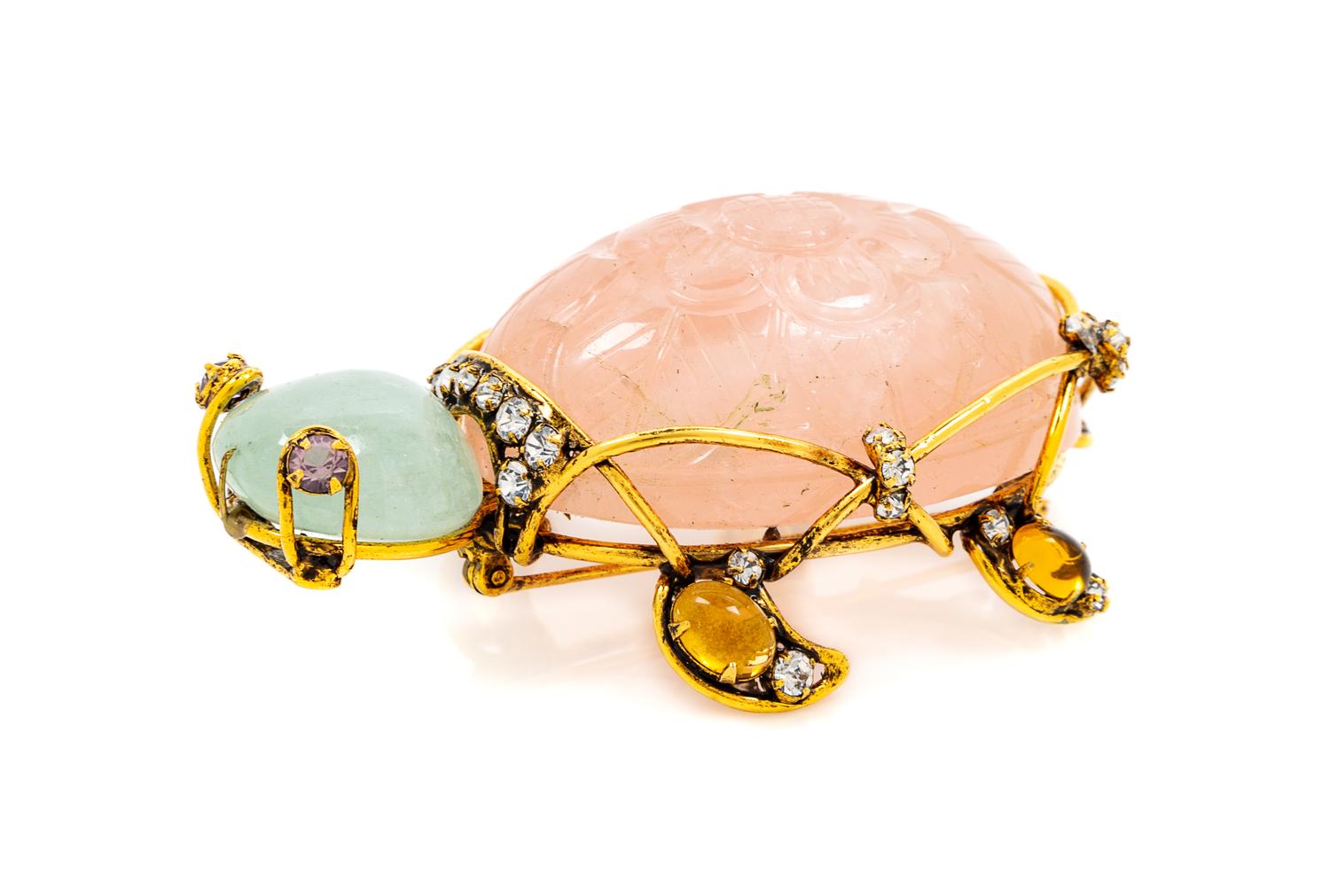 An Iradj Moini Rose Quartz Turtle Brooch, 3" L x 2" W x 1" H.