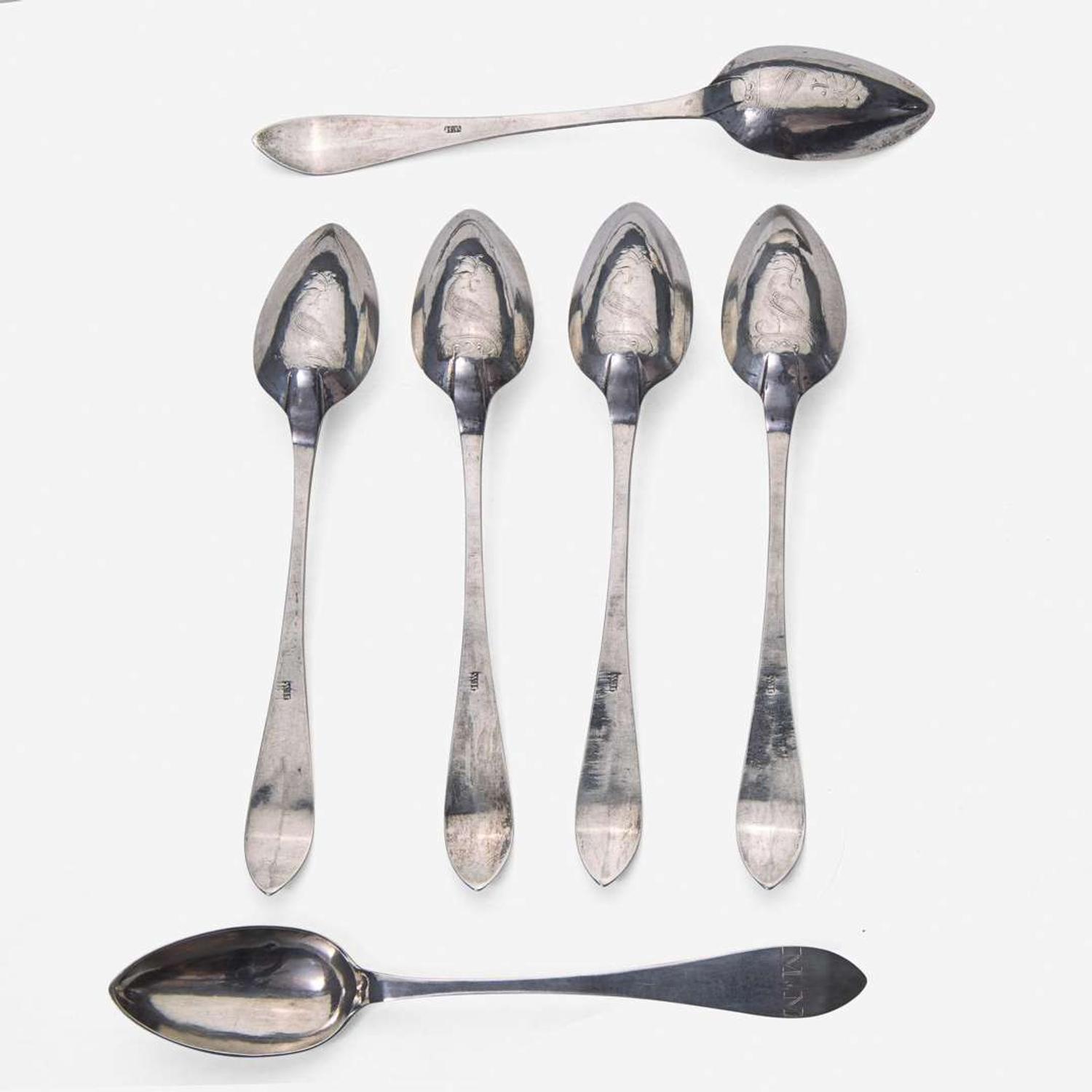 A large collection of twenty-five bird-back and fancy-back teaspoons Various makers, Lancaster, Reading, Philadelphia, PA, and Burlington, NJ, circa 1780-1820