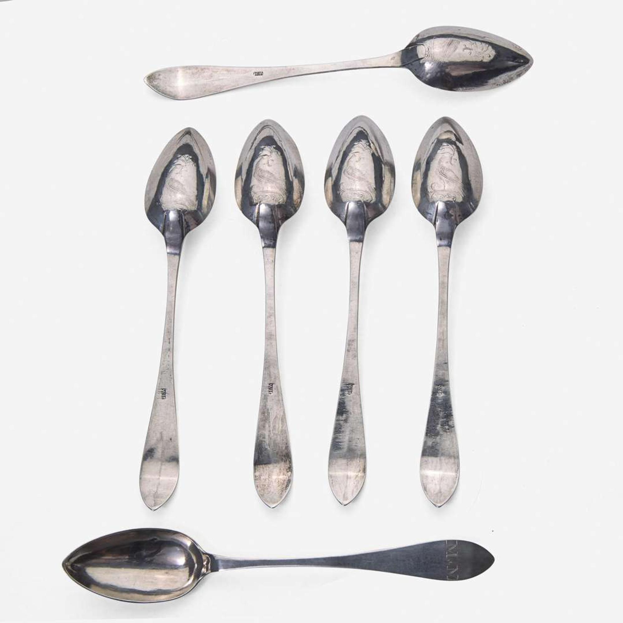 A large collection of twenty-five bird-back and fancy-back teaspoons Various makers, Lancaster, Reading, Philadelphia, PA, and Burlington, NJ, circa 1780-1820