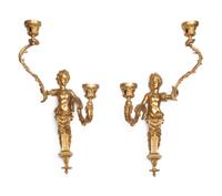 A Pair of Louis XVI Style Gilt Bronze Figural Two-Light Sconces
