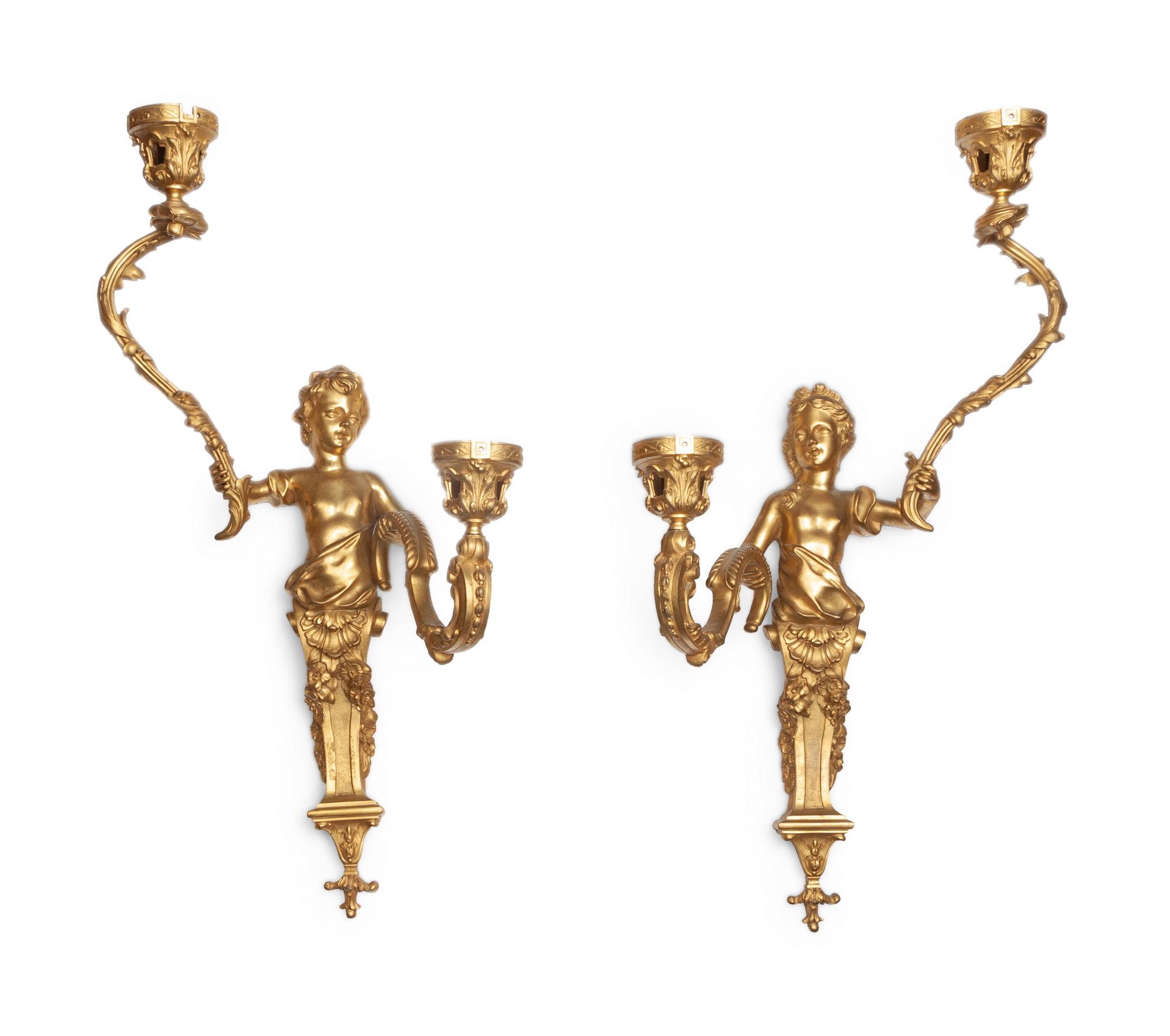 A Pair of Louis XVI Style Gilt Bronze Figural Two-Light Sconces