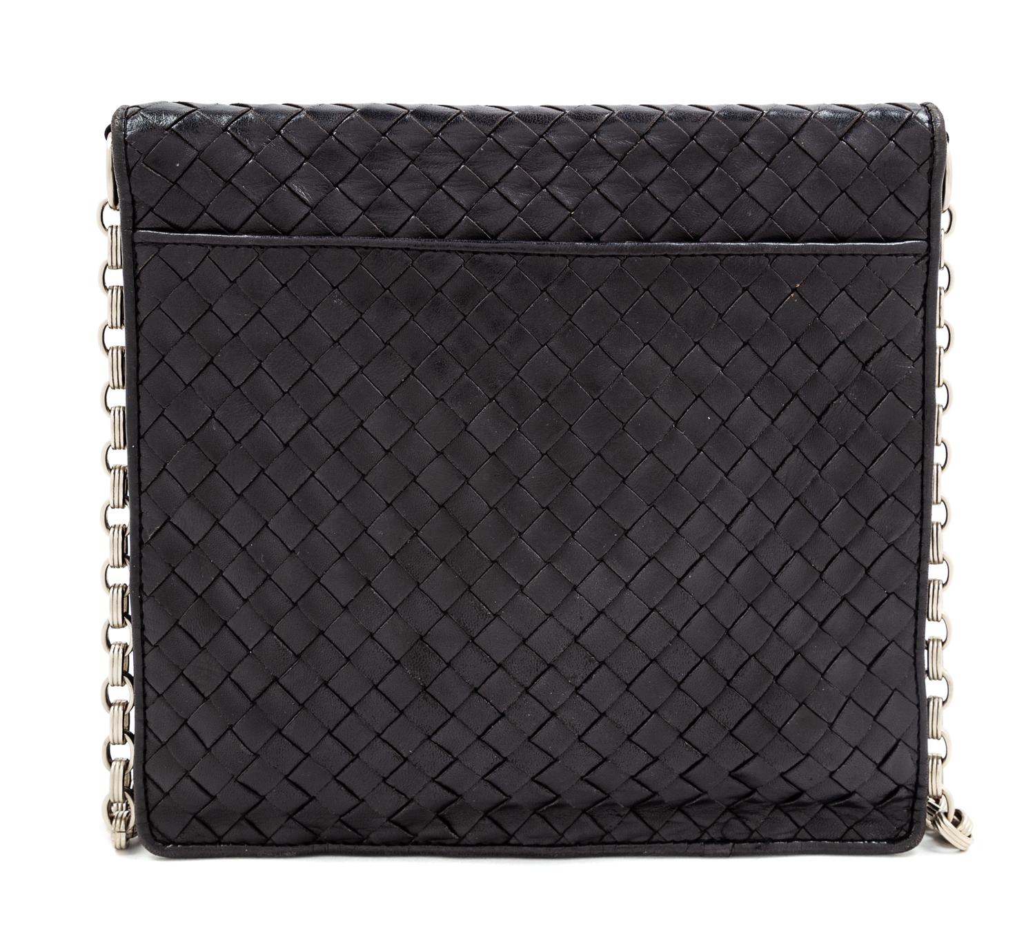 A Bottega Veneta Black Intrecciato Flap Handbag, 8.5" H x 9" W x 2.25" D; Strap drop: 13.5".