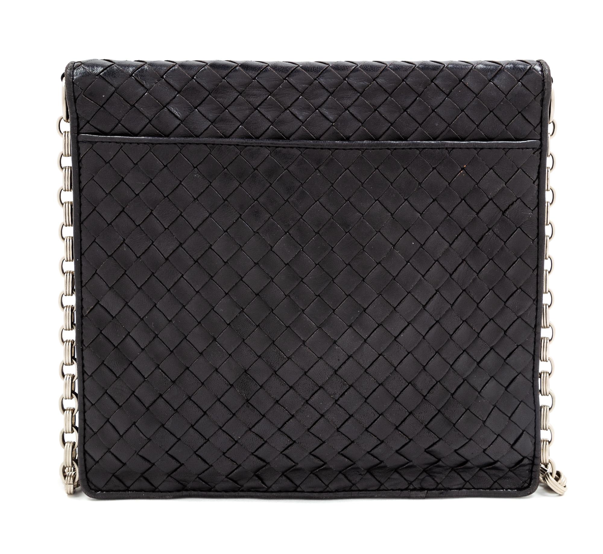 A Bottega Veneta Black Intrecciato Flap Handbag, 8.5" H x 9" W x 2.25" D; Strap drop: 13.5".